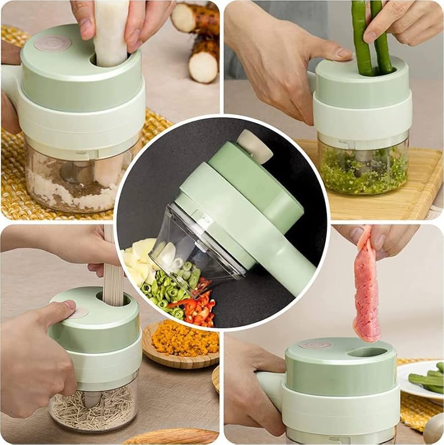 4 in 1 Handheld Electric Vegetable Cutter Set – Wireless Portable Food Chopper, Slicer & Garlic Mincer (KN-496)