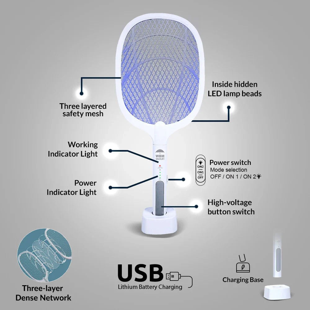 2-in-1 UV Light Mosquito Racket Bat with Base Stand – USB Rechargeable Electric Mosquito Killer