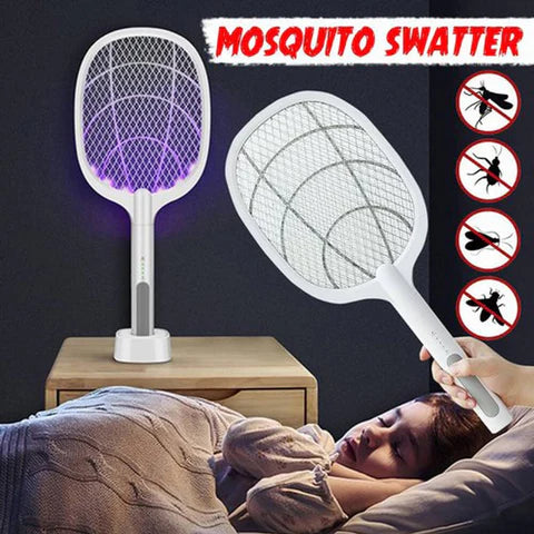 2-in-1 UV Light Mosquito Racket Bat with Base Stand – USB Rechargeable Electric Mosquito Killer