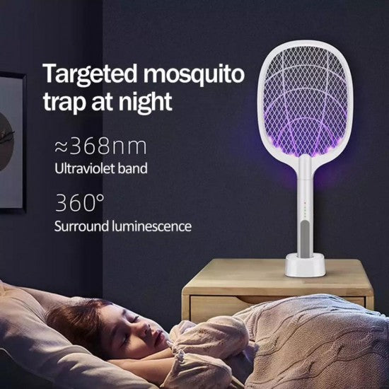 2-in-1 UV Light Mosquito Racket Bat with Base Stand – USB Rechargeable Electric Mosquito Killer