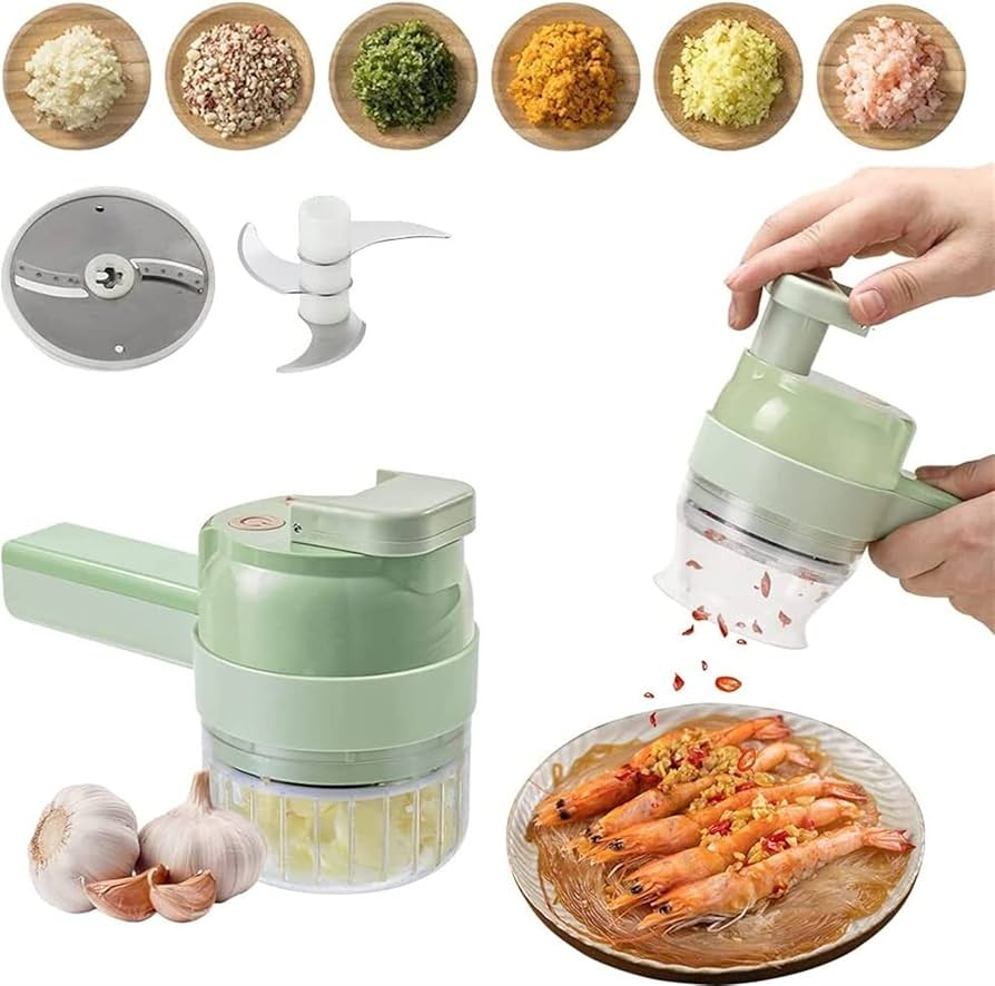 4 in 1 Handheld Electric Vegetable Cutter Set – Wireless Portable Food Chopper, Slicer & Garlic Mincer (KN-496)