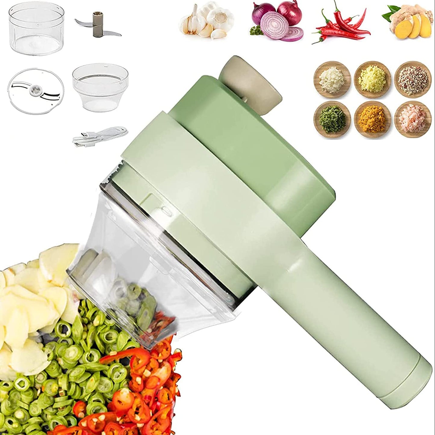 4 in 1 Handheld Electric Vegetable Cutter Set – Wireless Portable Food Chopper, Slicer & Garlic Mincer (KN-496)
